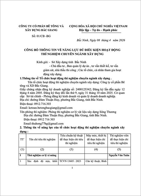 Công bố thông tin về năng lực đủ điều kiện hoạt động thí nghiệm chuyên ngành xây dựng