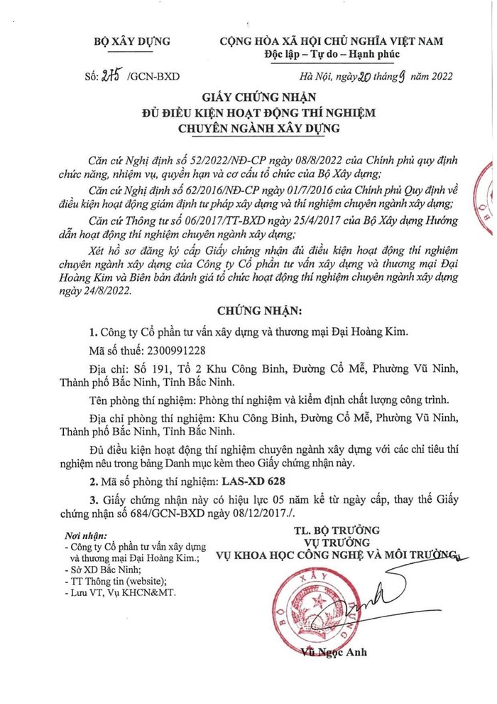 Giấy chứng nhận phòng thí nghiệm LAS-XD 628